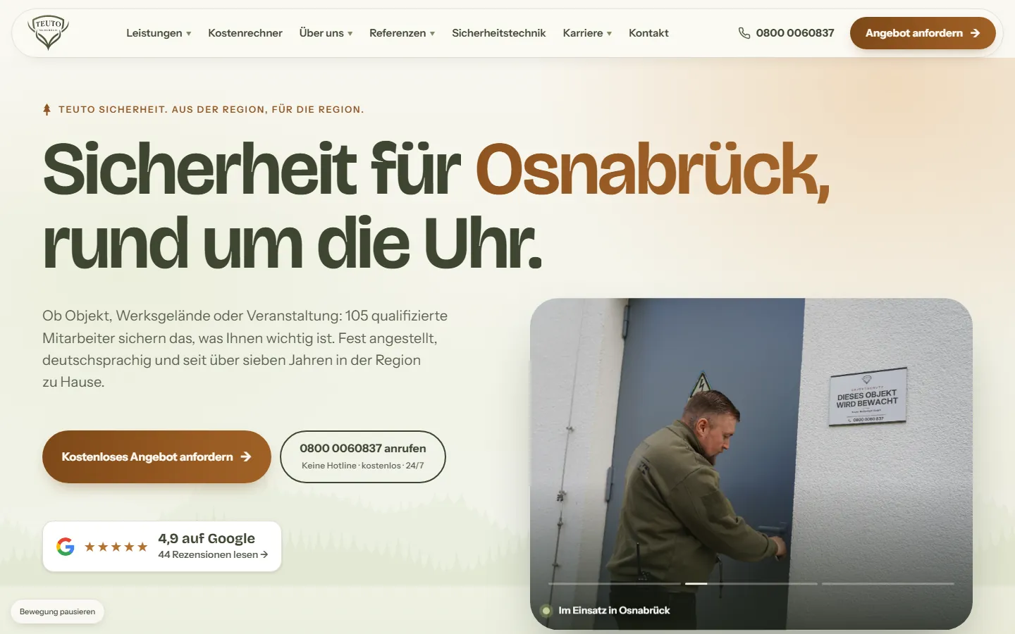 Startseite der Website eines Sicherheitsunternehmens aus Osnabrück