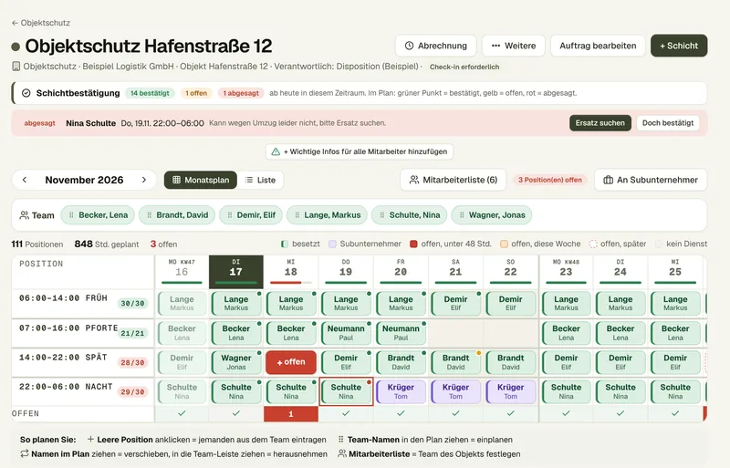 Wachplan: Monatsplan eines Objekts mit Schichten